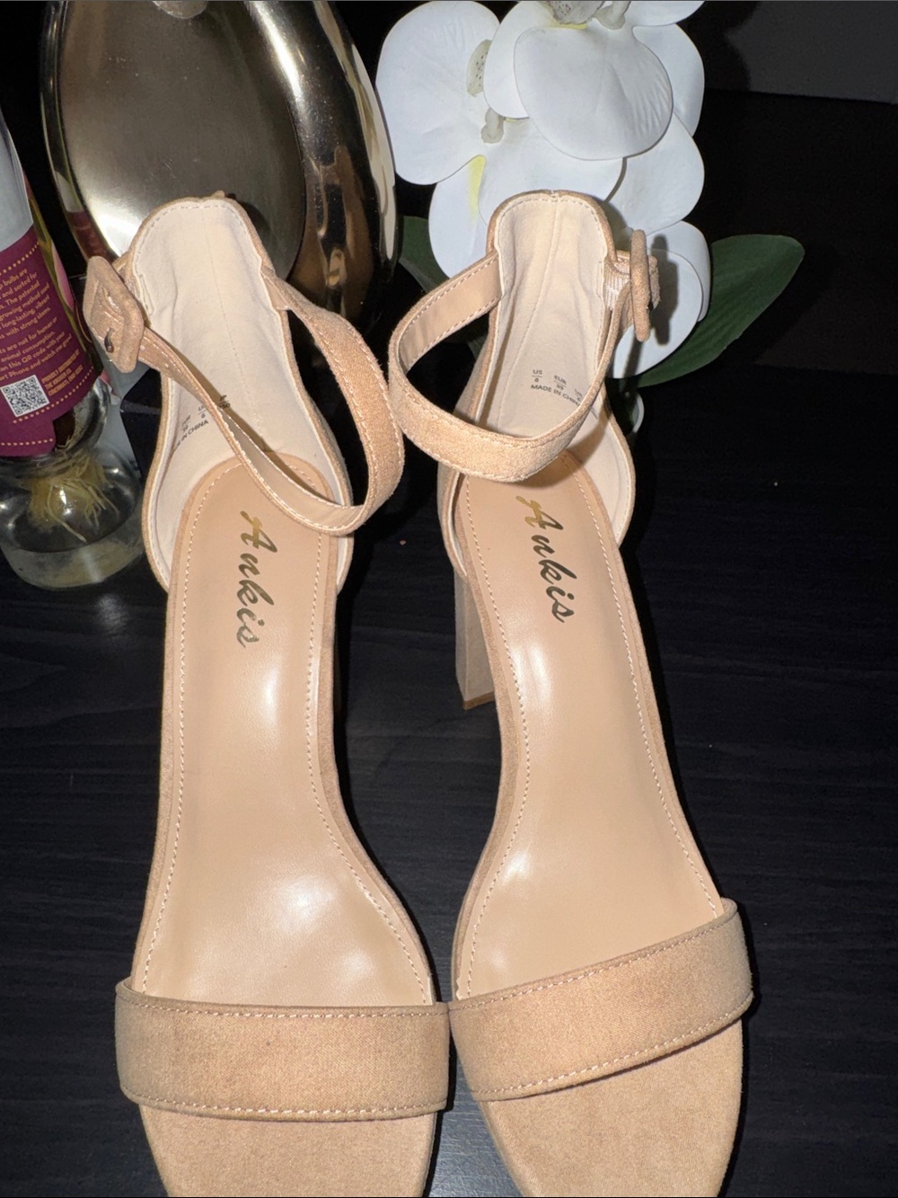 Aukie's Nude Suede Ankle-Strap Block Heels